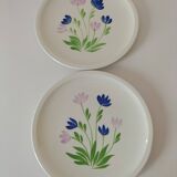 Duo d’assiettes à dessert Gien décor floral bleu et mauve peint à la main