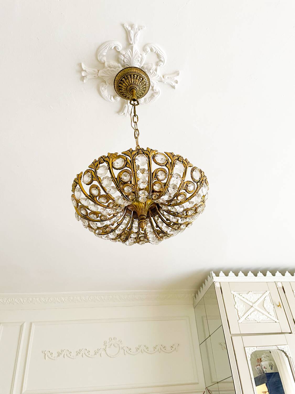 Suspension vintage Palwa en laiton massif & cristal