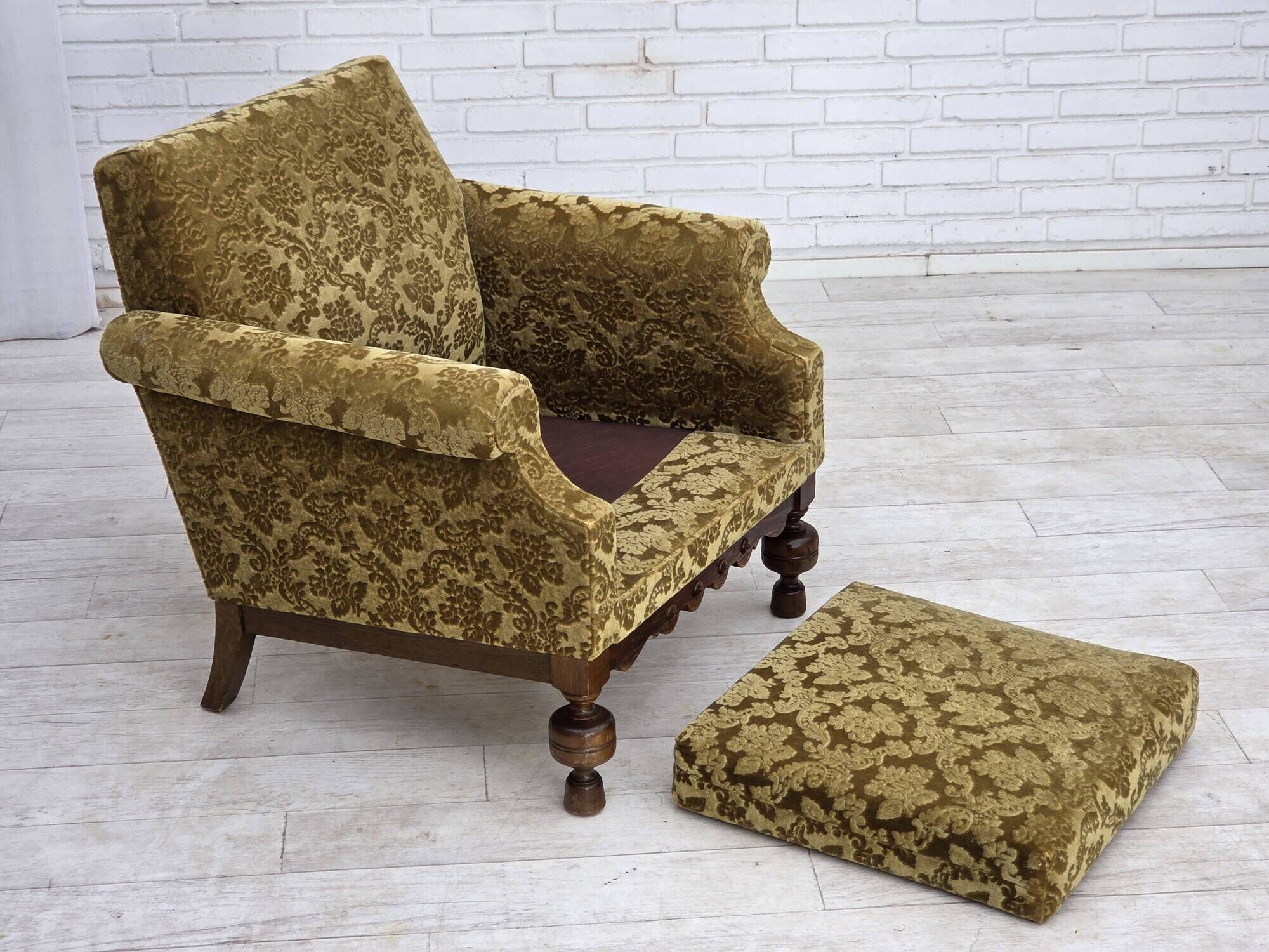 1960s, Danish armchair, furniture velour, carved oak wood.
