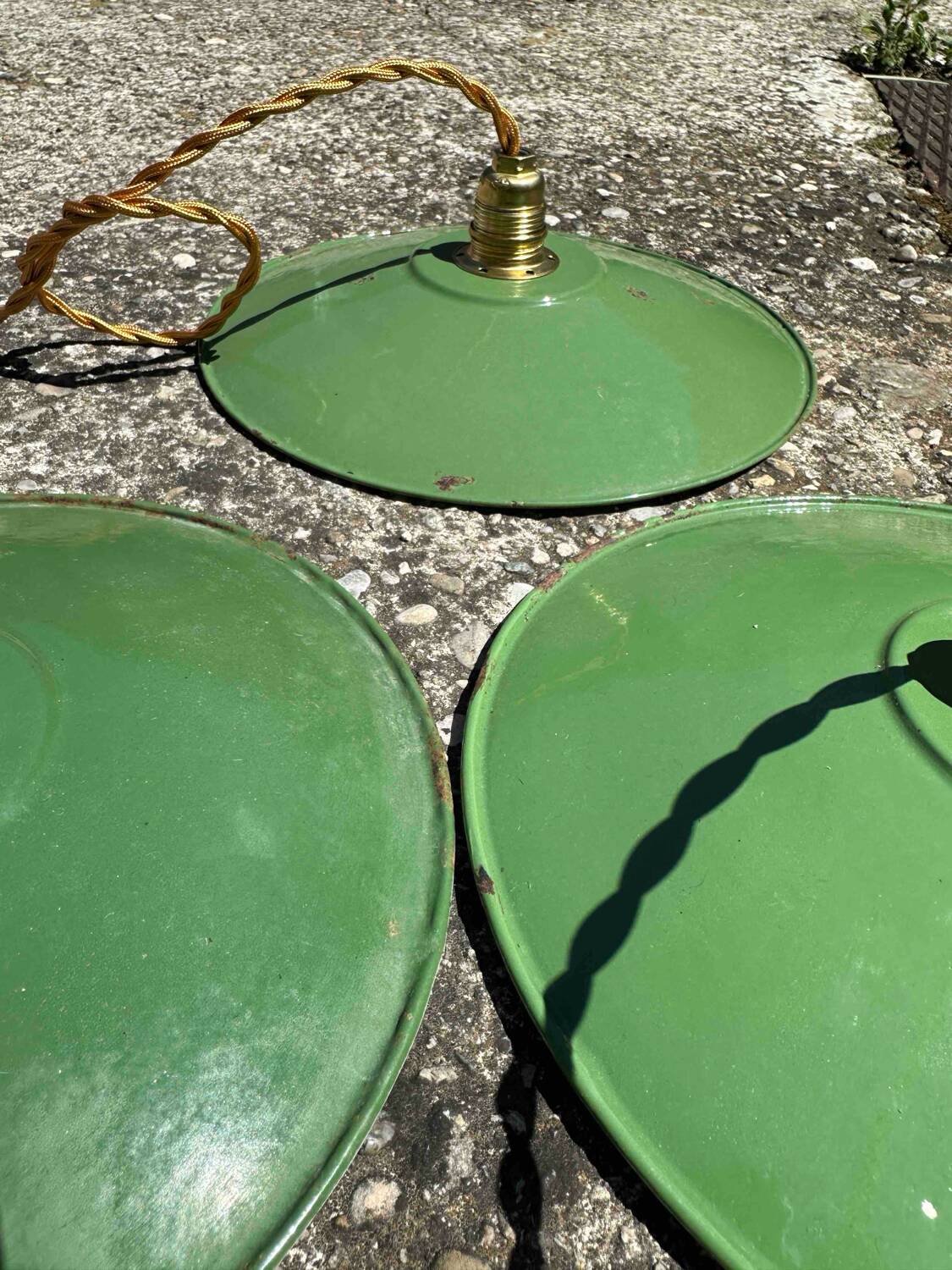 Lot of 3 vintage pendant lampshades in green and white enamelled sheet metal, industrial farm