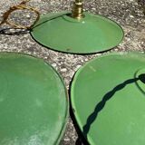 Lot of 3 vintage pendant lampshades in green and white enamelled sheet metal, industrial farm