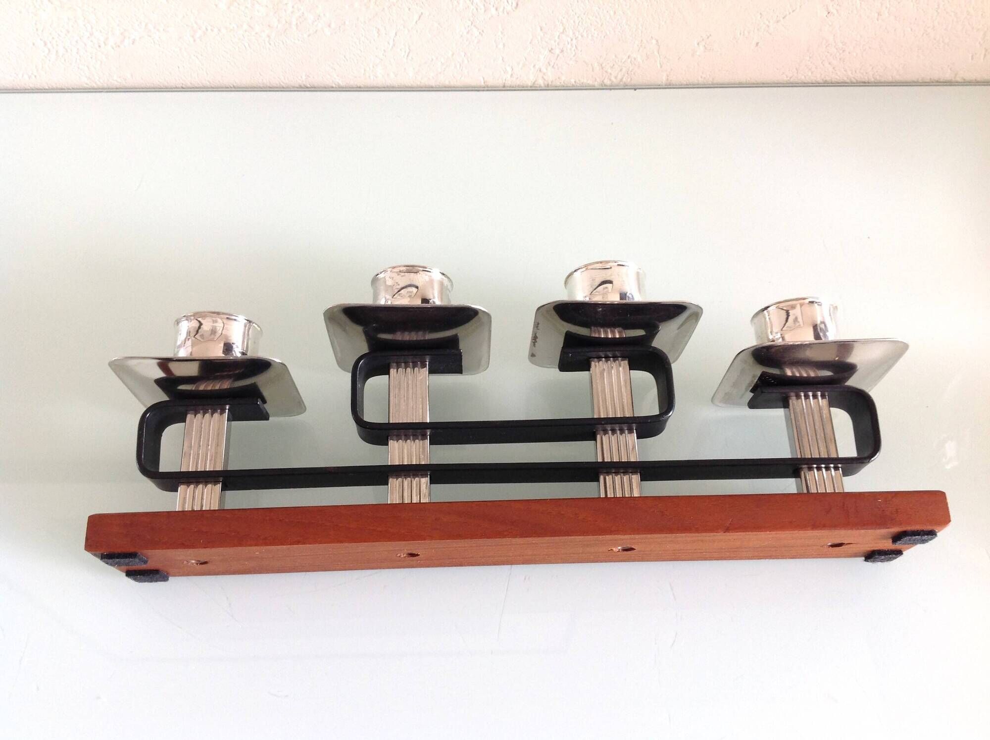 Four-headed candlestick in teak and chrome metal Scandinavian style / vintage 60s-70s
