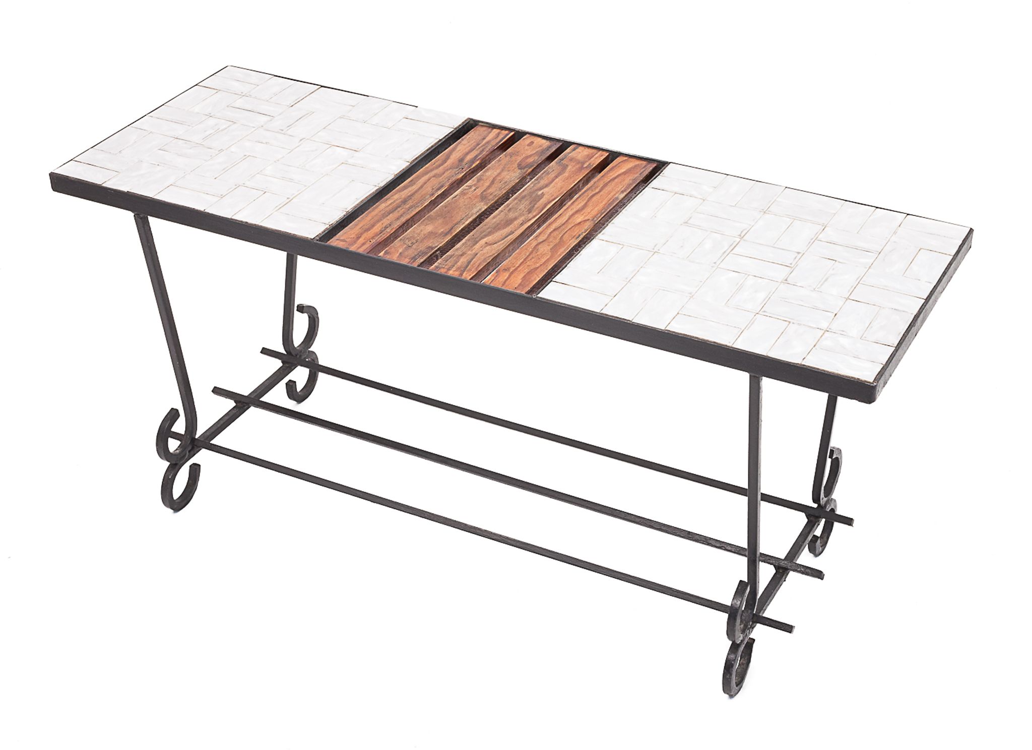 Table basse moderniste, teck et céramique, 1950