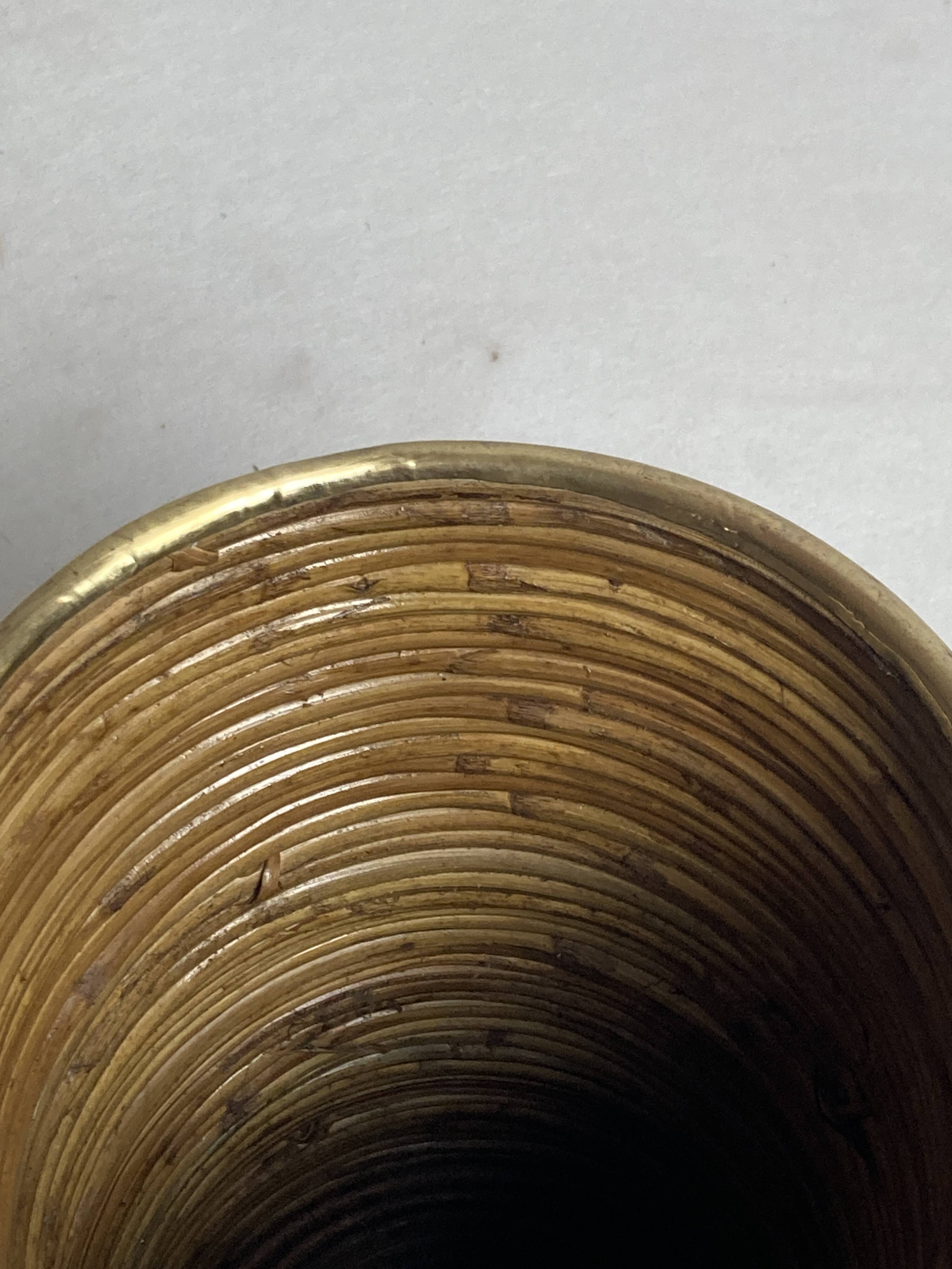 Pencil reed rattan and brass umbrella stand. or basket, Italy