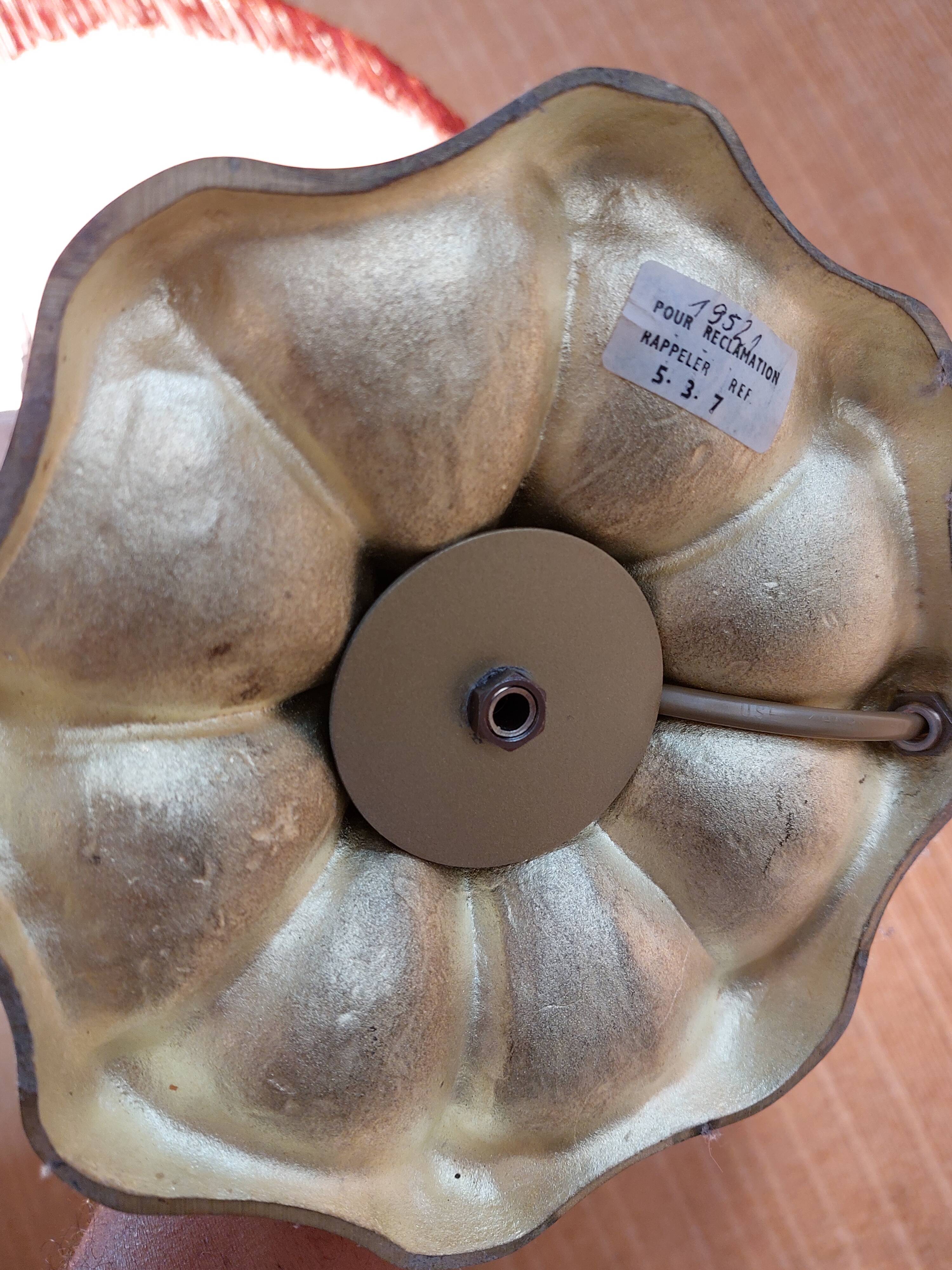 Large gilded brass lamp with white porcelain fleur-de-lis decoration