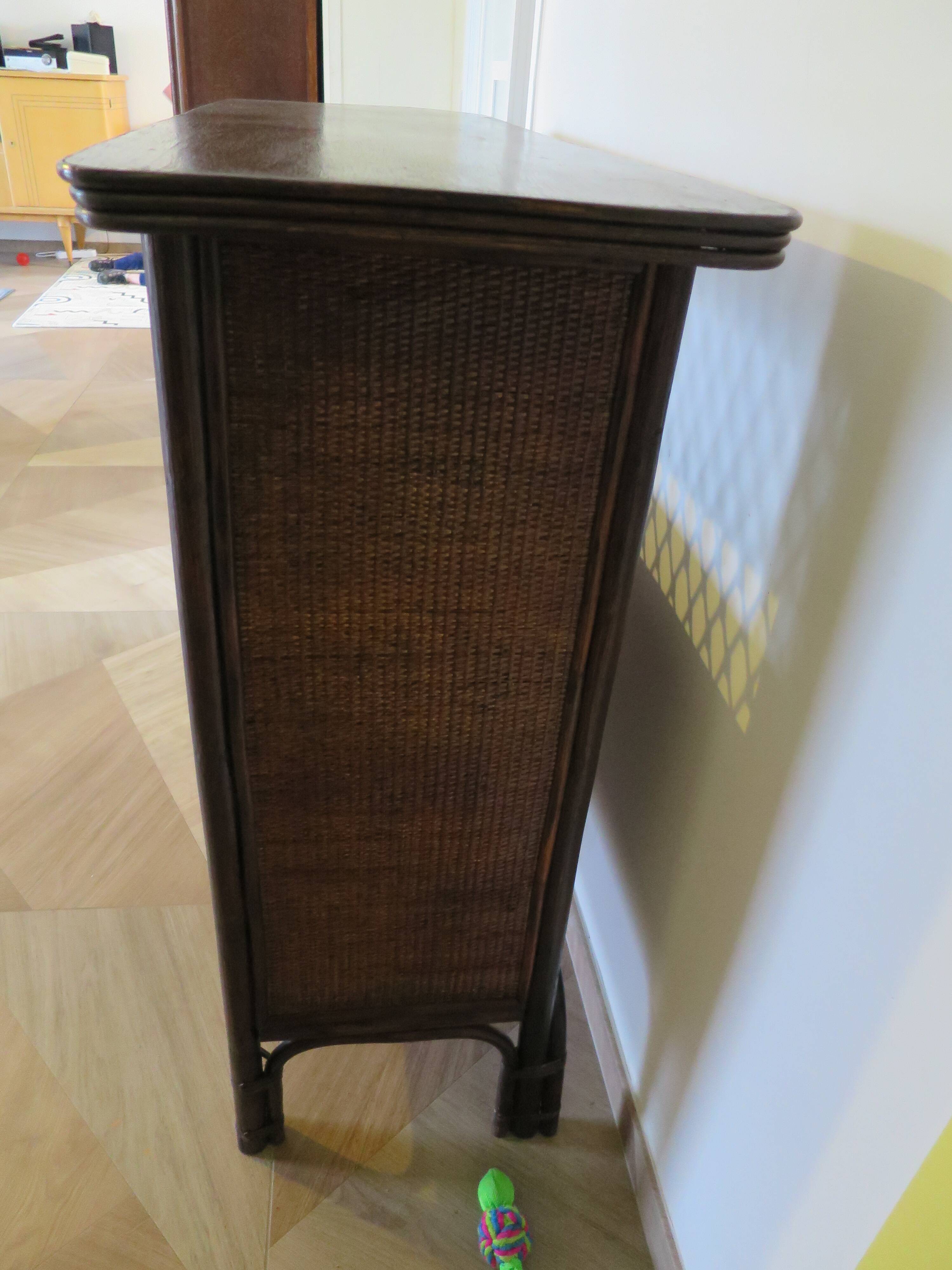 Rare vintage bar cabinet shelf wood woven rattan 80s retro