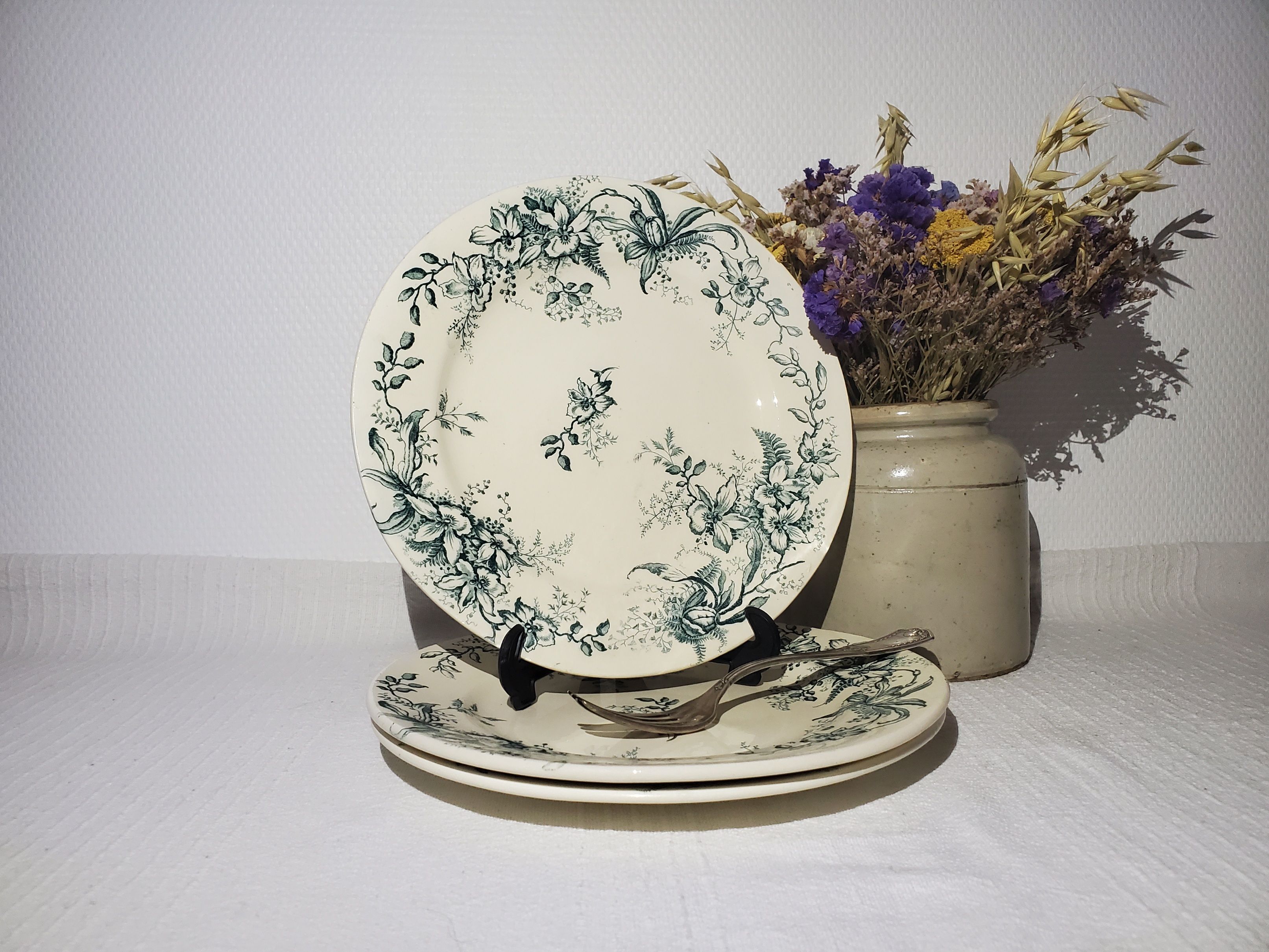 Flat plate of the earthenware factory of Salins model Cyclamen, iron earth.