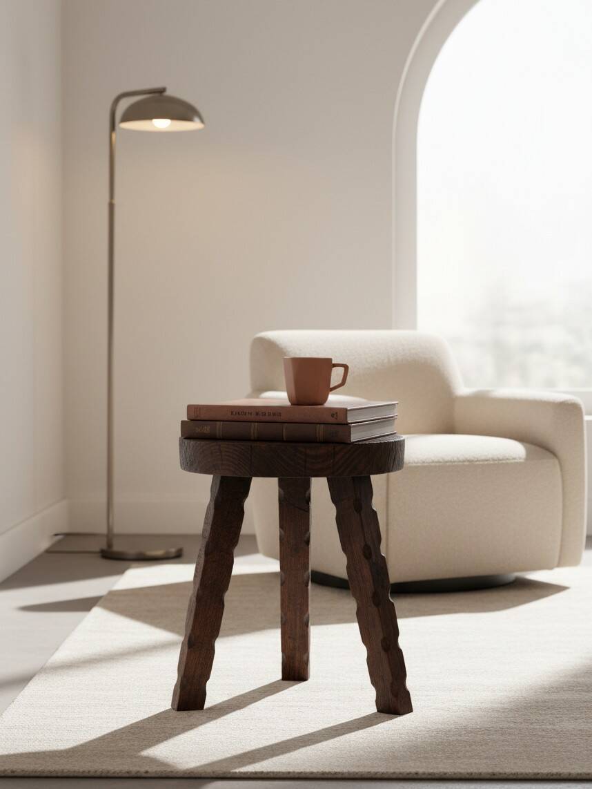 Tabouret tripode brutaliste sculpté -- Bois massif – Années 60