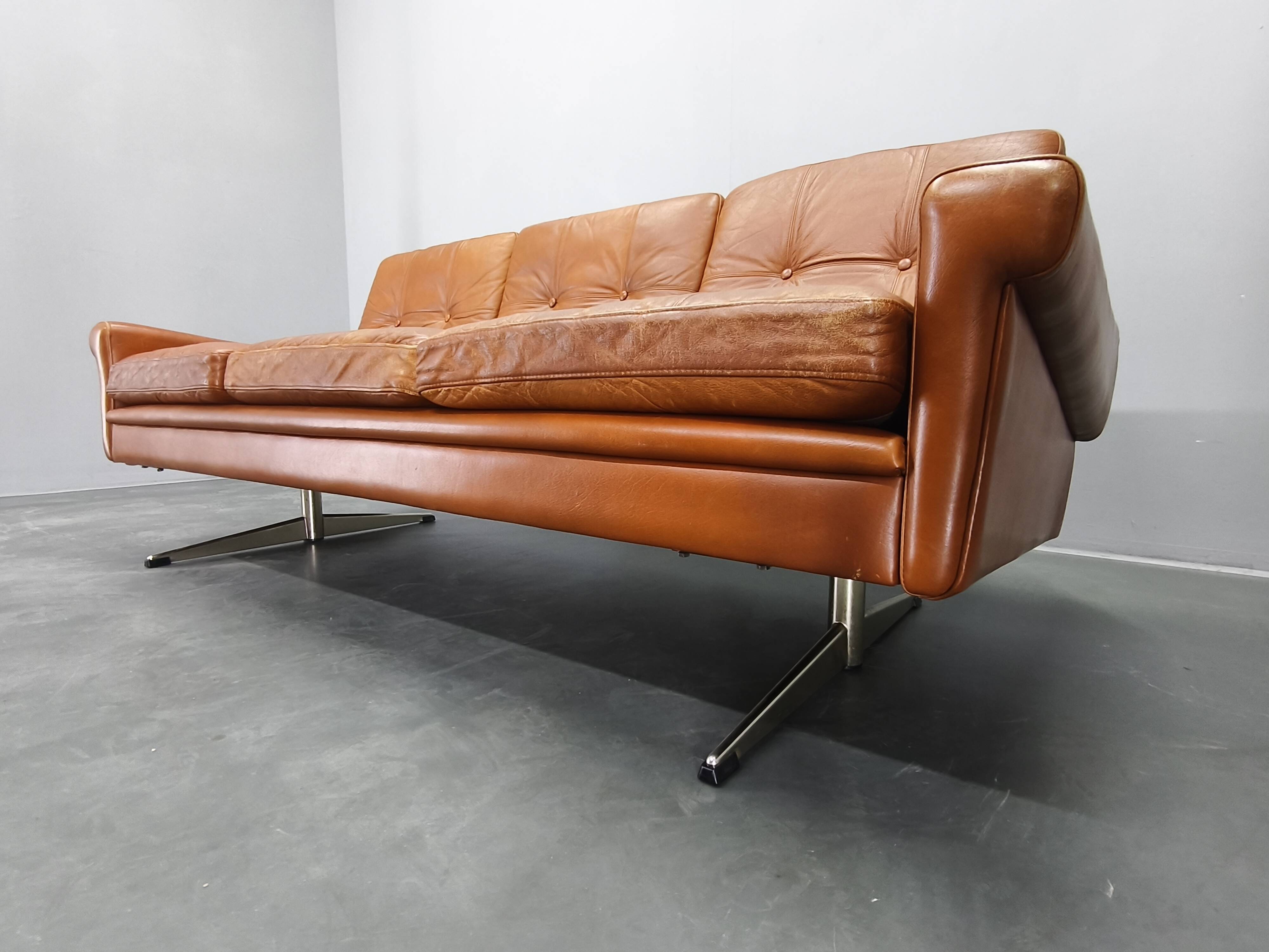 Svend Skipper Danish Leather Sofa Cognac Chrome, 1960s