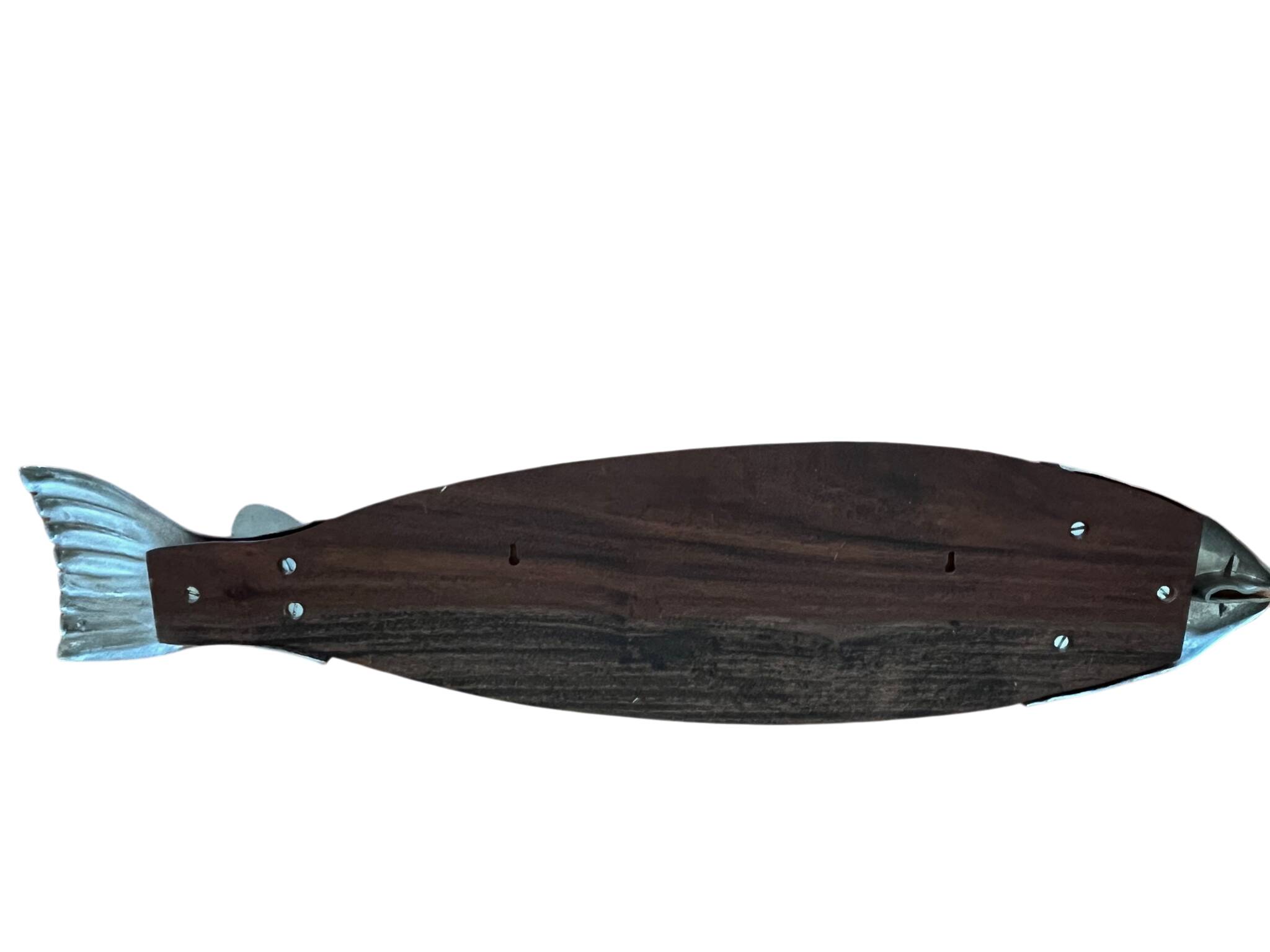 Vintage wooden and metal fish platter, purchased at Fauchon Paris, 1960s.