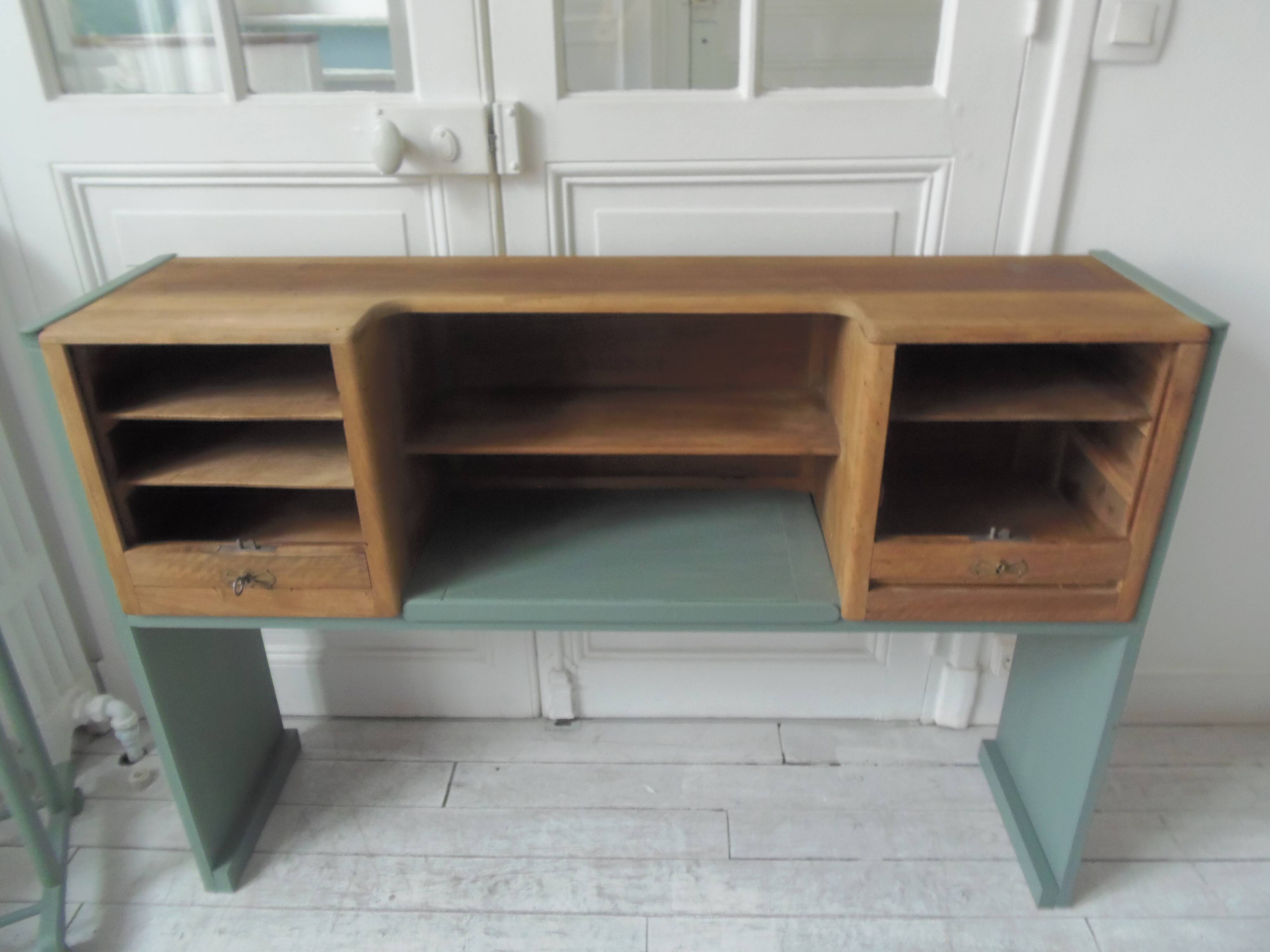 Console made with some old walnut elements. Unique smoky green piece.