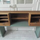 Console made with some old walnut elements. Unique smoky green piece.