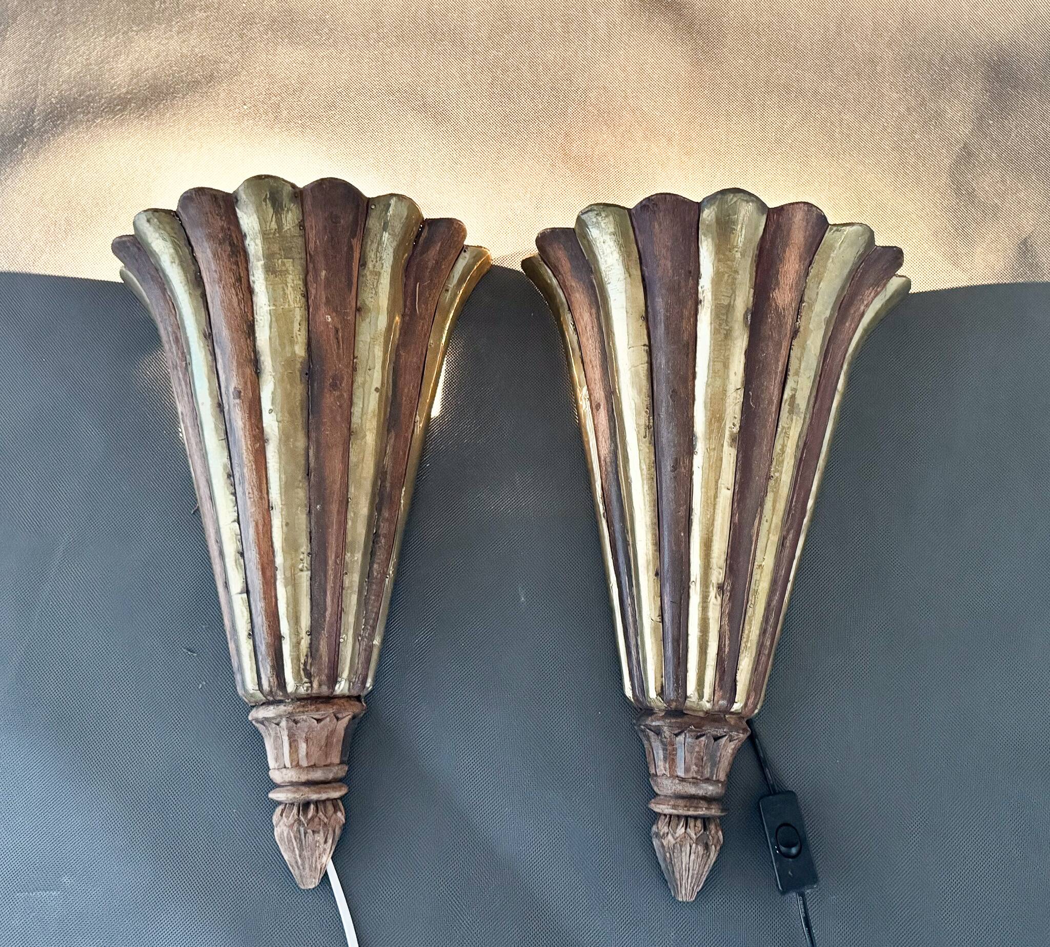 Antique Wood & Brass Wall Lights, France