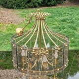 70s designer chandelier with smoked glass plates and gold metal frame