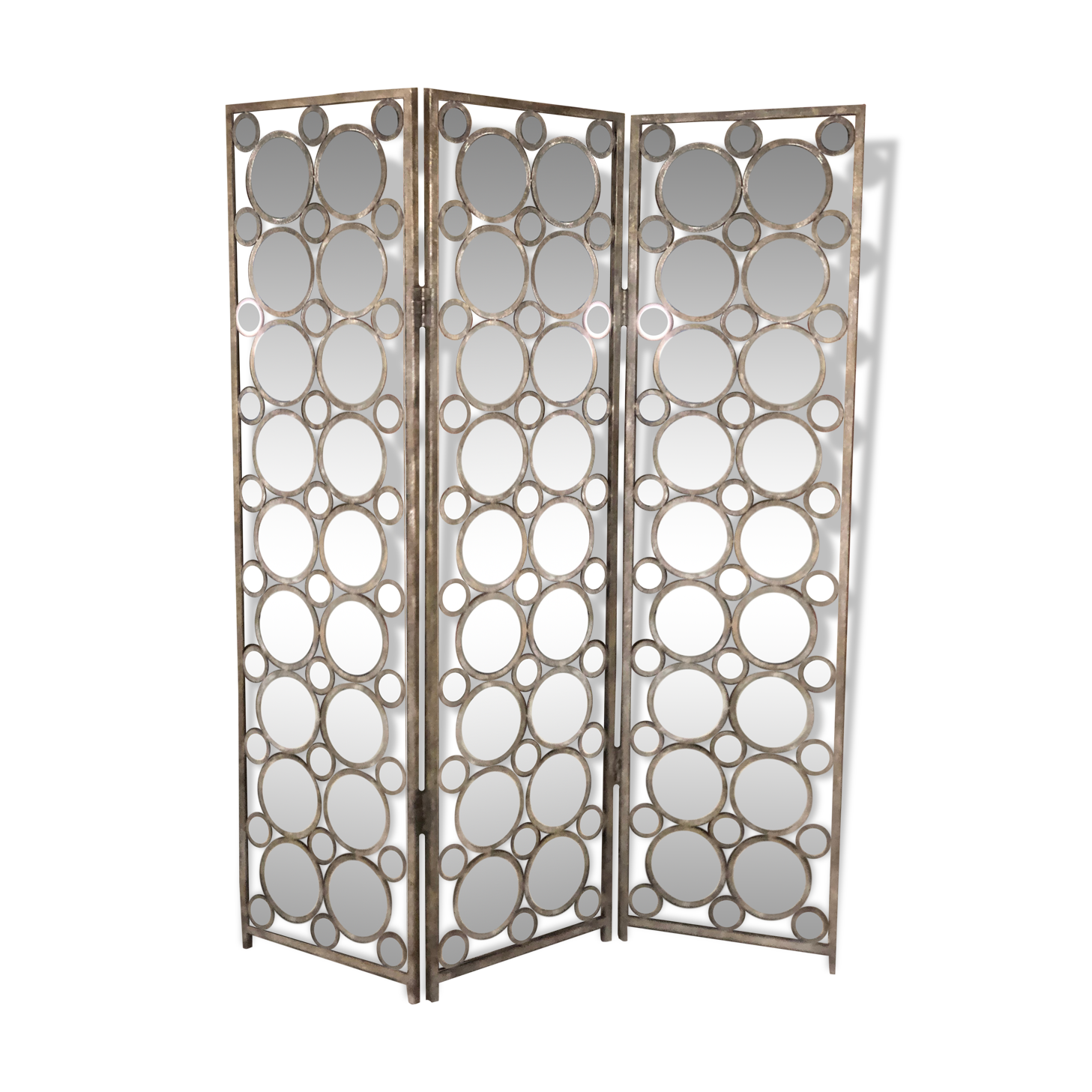Screen 3 panels of round mirrors frame metalized iron aged