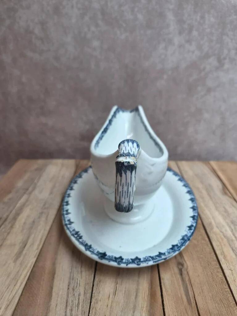 Antique sauce boat Sarreguemines bamboo shape – unlisted blue decoration – ironstone