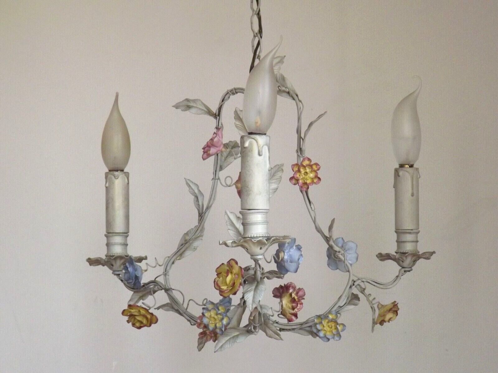 Italian tole ware 3 light cage chandelier with porcelain flowers