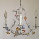 Italian tole ware 3 light cage chandelier with porcelain flowers