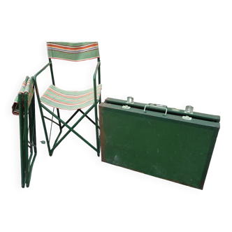 Vintage camping suitcase table and 2 folding chairs