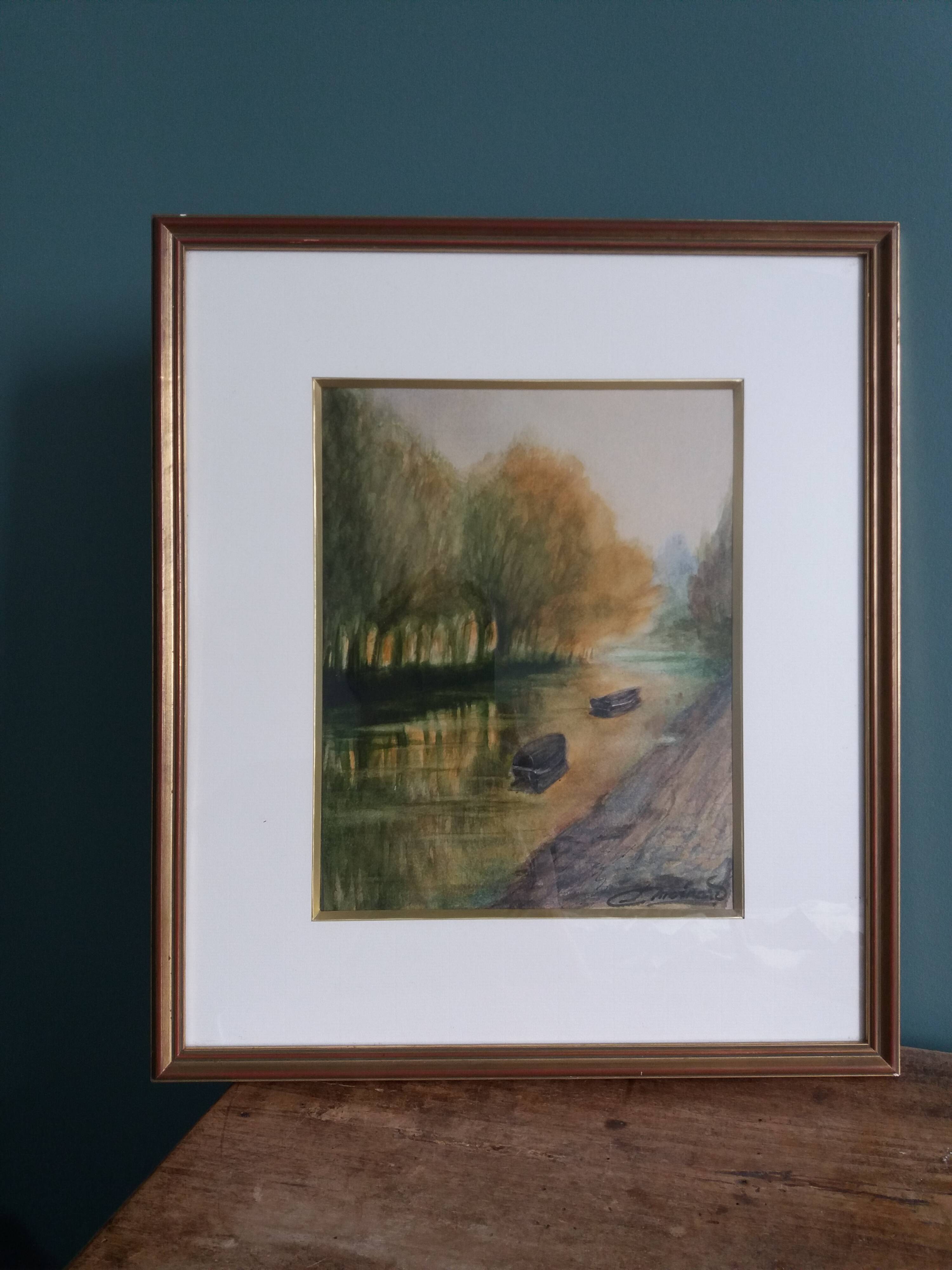 Signed painting, landscape, boat on river, Poitevin marsh