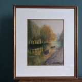 Signed painting, landscape, boat on river, Poitevin marsh