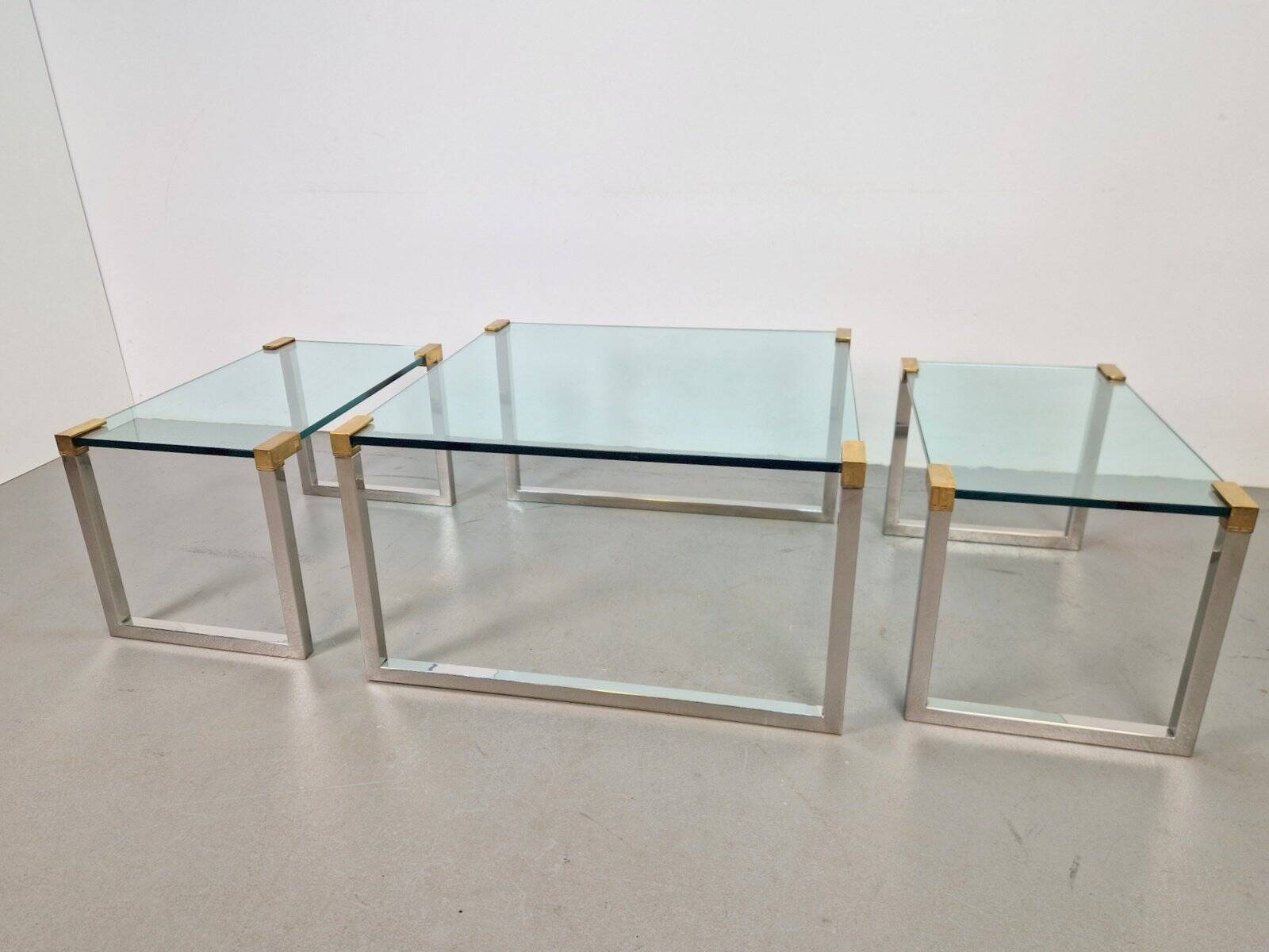 T53 Coffee and Side Tables in Brass and Glass by Peter Ghyczy, 1970s, Set of 3