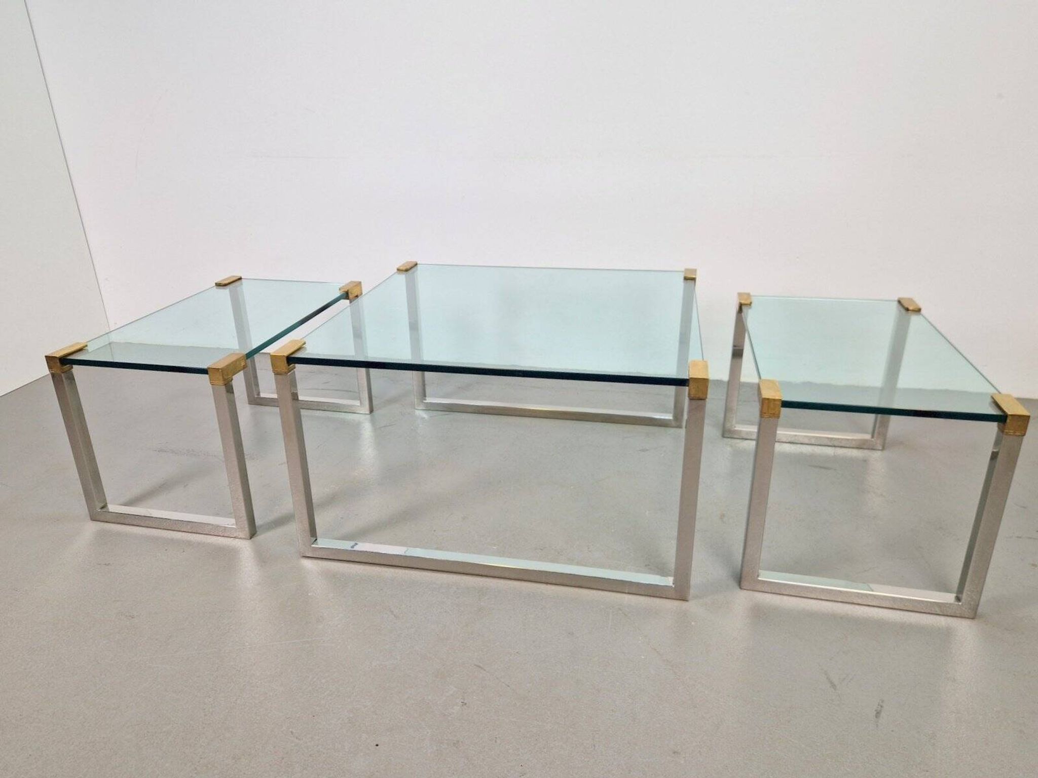 T53 Coffee and Side Tables in Brass and Glass by Peter Ghyczy, 1970s, Set of 3