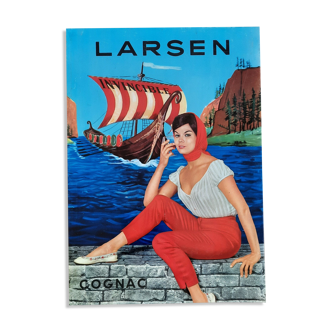 Old sheet metal plate "Cognac Larsen" 24x34cm 1960