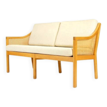 Canapé en rotin vintage danois 2 places, fauteuil d'amour, années 70, milieu du siècle, teck