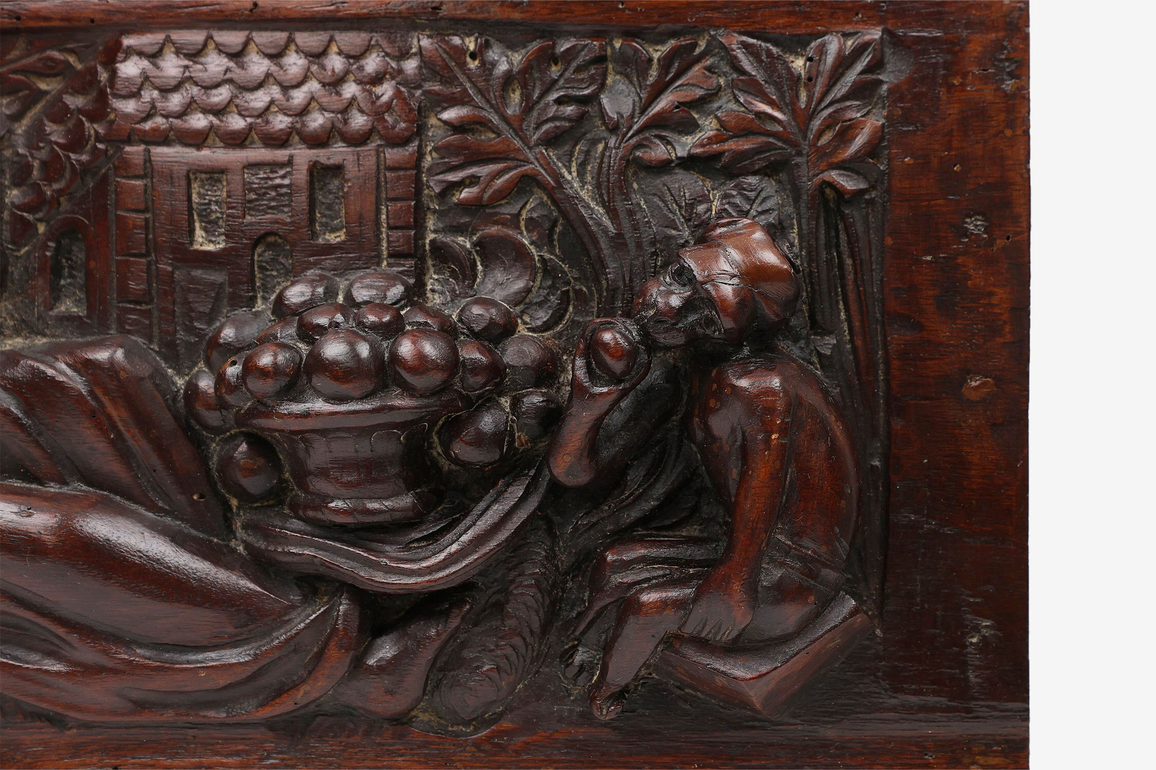 Gothic Hand Sculpted Panel in Oak, Belgium, 17th Century