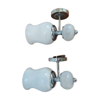 Pair of vintage bathroom wall lights in white glass and metal