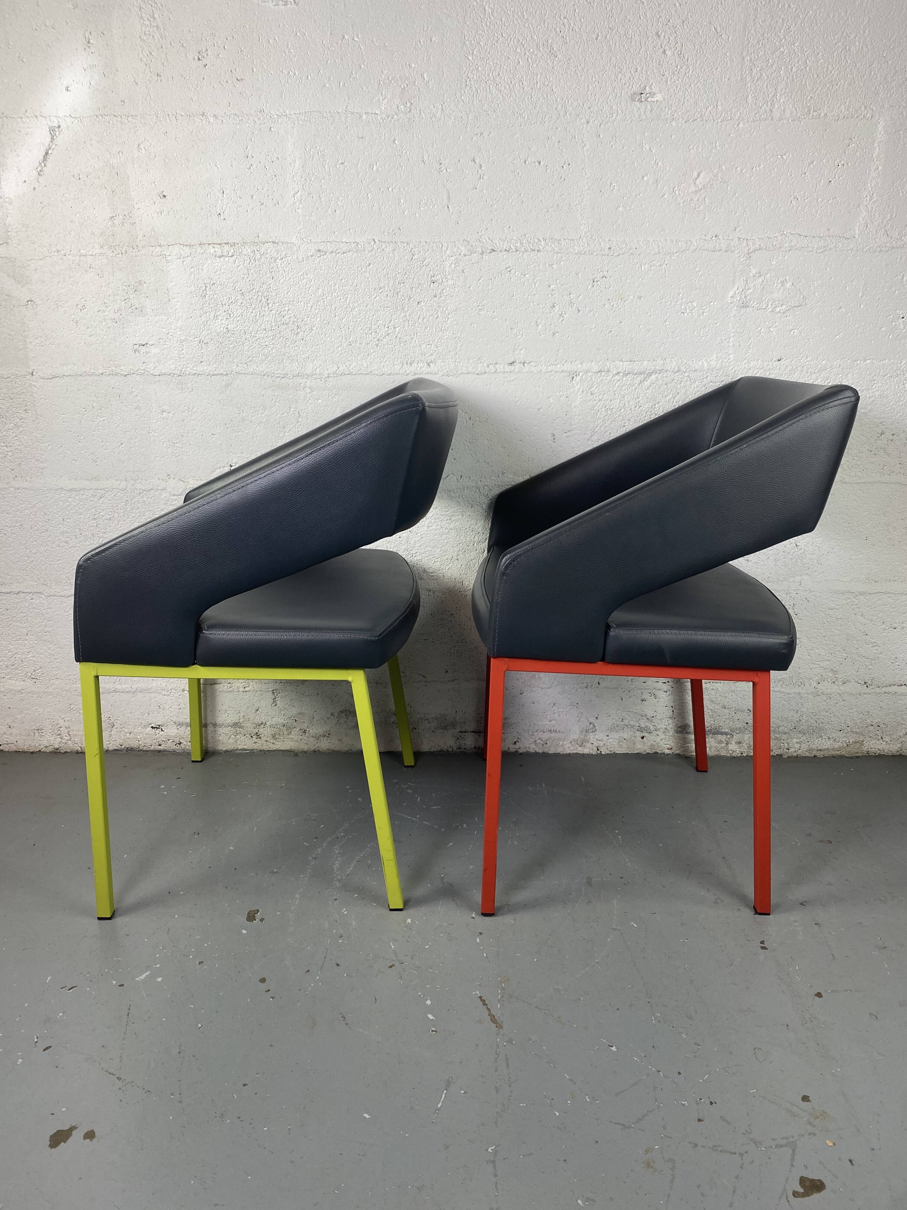 Pair of metal and leather armchairs / Green & Red