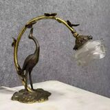 Large Art Nouveau Heron Lamp in bronze with double patina