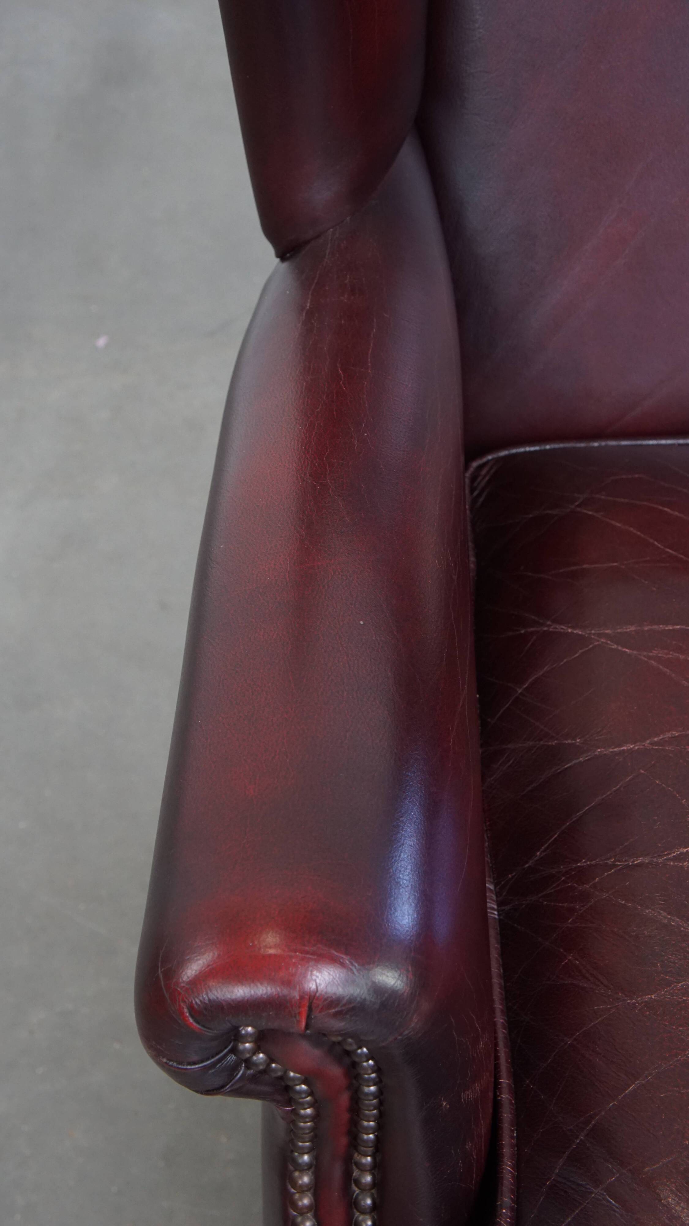 Bordeaux Red Cowhide Wingback Chair in English Style