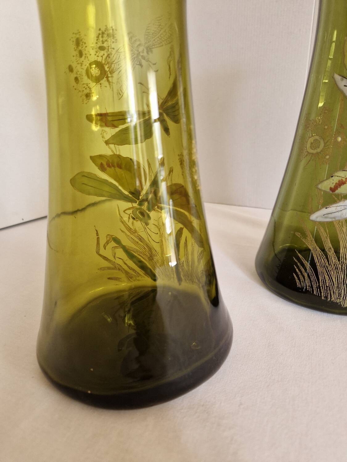 Pair of Enameled Glass Vases with Dragonflies. Unsigned Legras