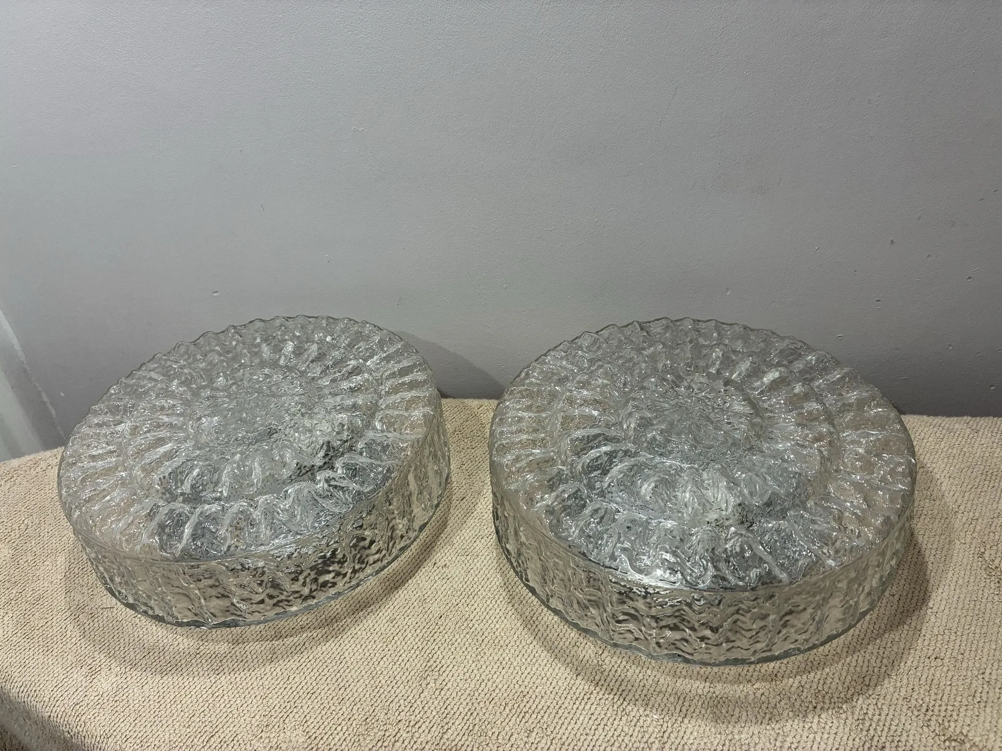 Pair of Peil & Putzler ice glass flush mount lights, 1960s