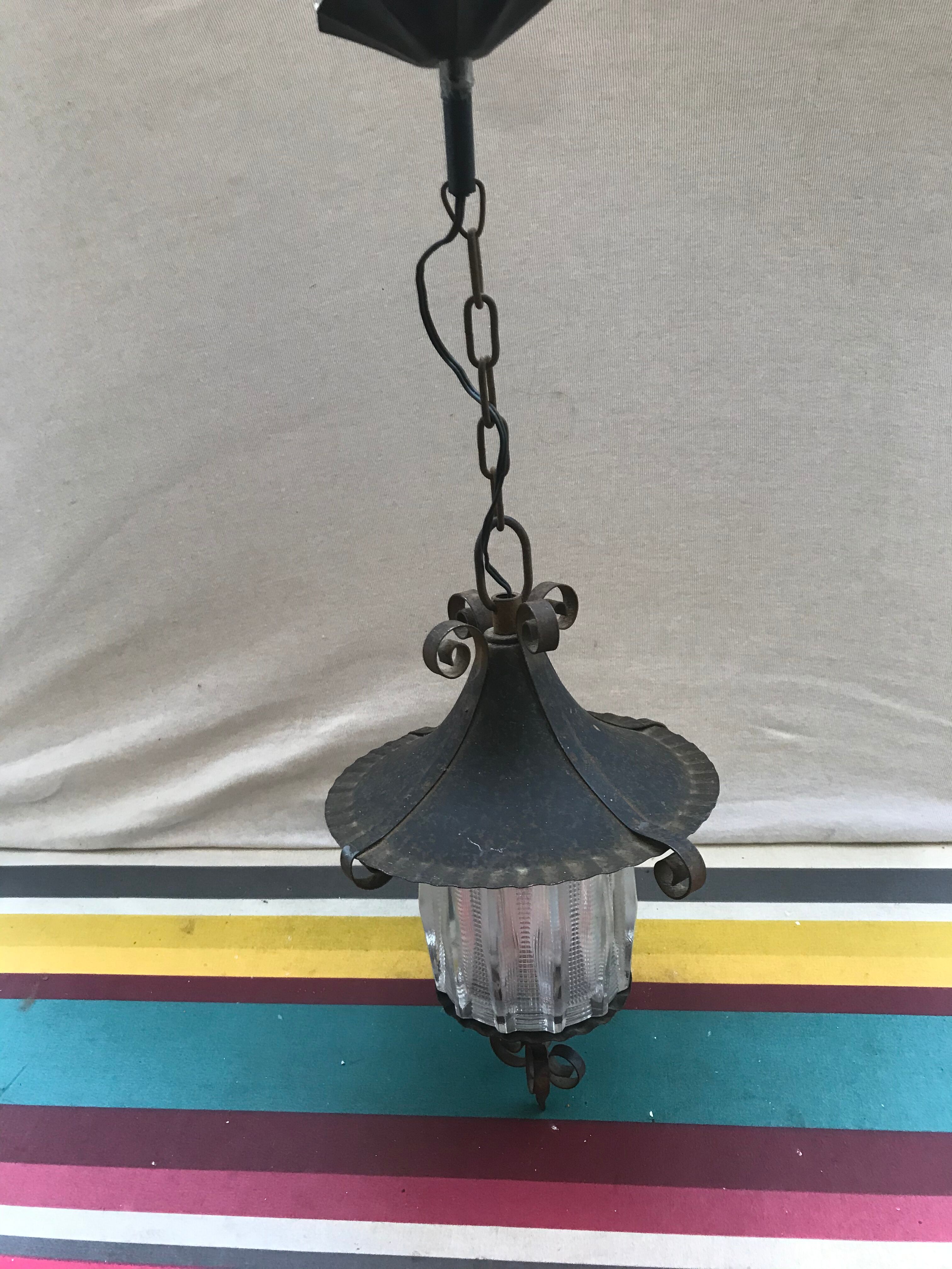Old black forged iron suspension - vintage moulded glass reflector