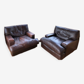 Paire fauteuils cuir années 80 marron