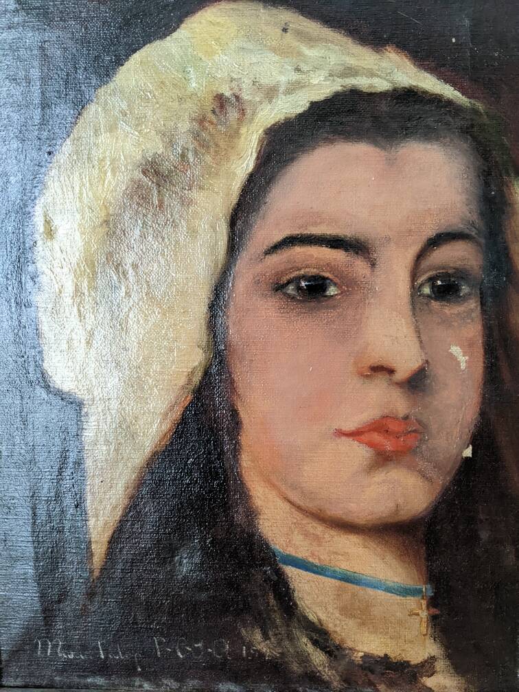 Oil on canvas antique female portrait countryside decoration old painting