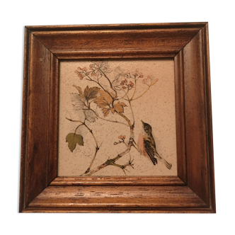 Cadre bois céramique oiseau fleurs vintage