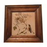 Cadre bois céramique oiseau fleurs vintage