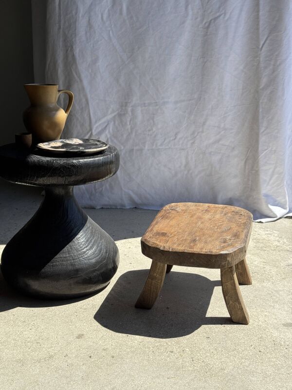 Petit stool, tabouret d'appoint en teck massif ovale wabi-sabi H25 45x31