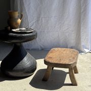 Small stool, oval solid teak accent stool wabi-sabi H25 45x31.