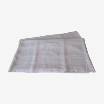 Old linen sheet early XX monogrammed & hand embroidered