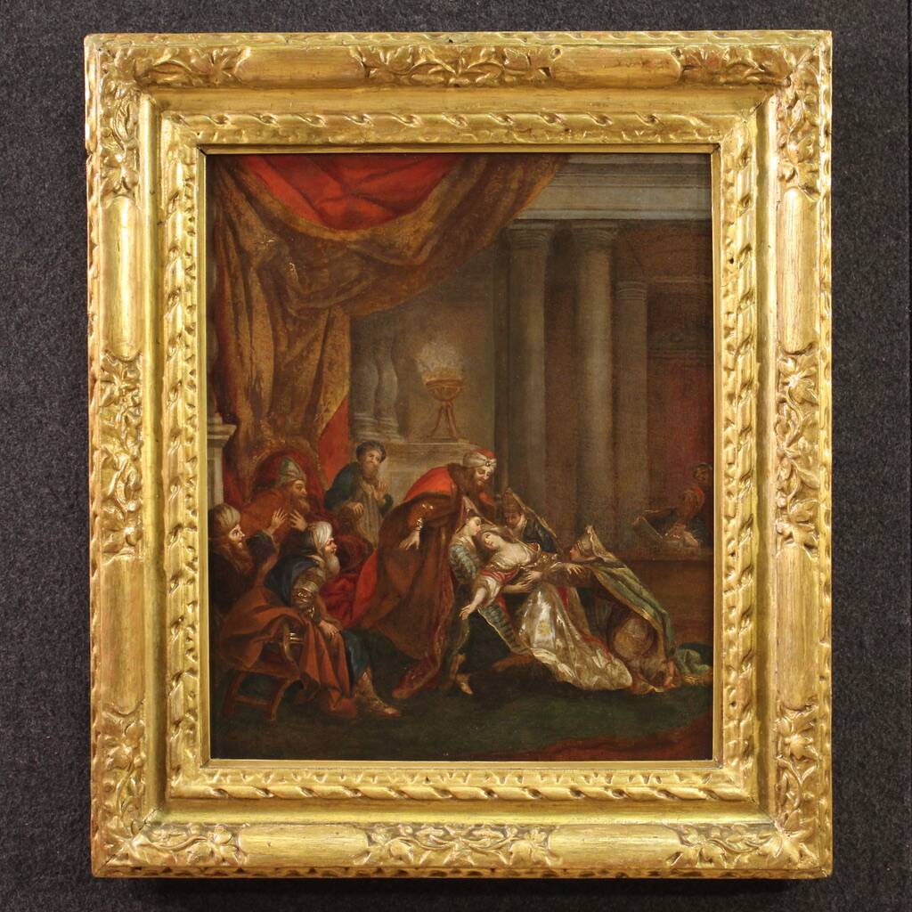 Antique painting from the 18th century, Esther fainting before Ahasuerus