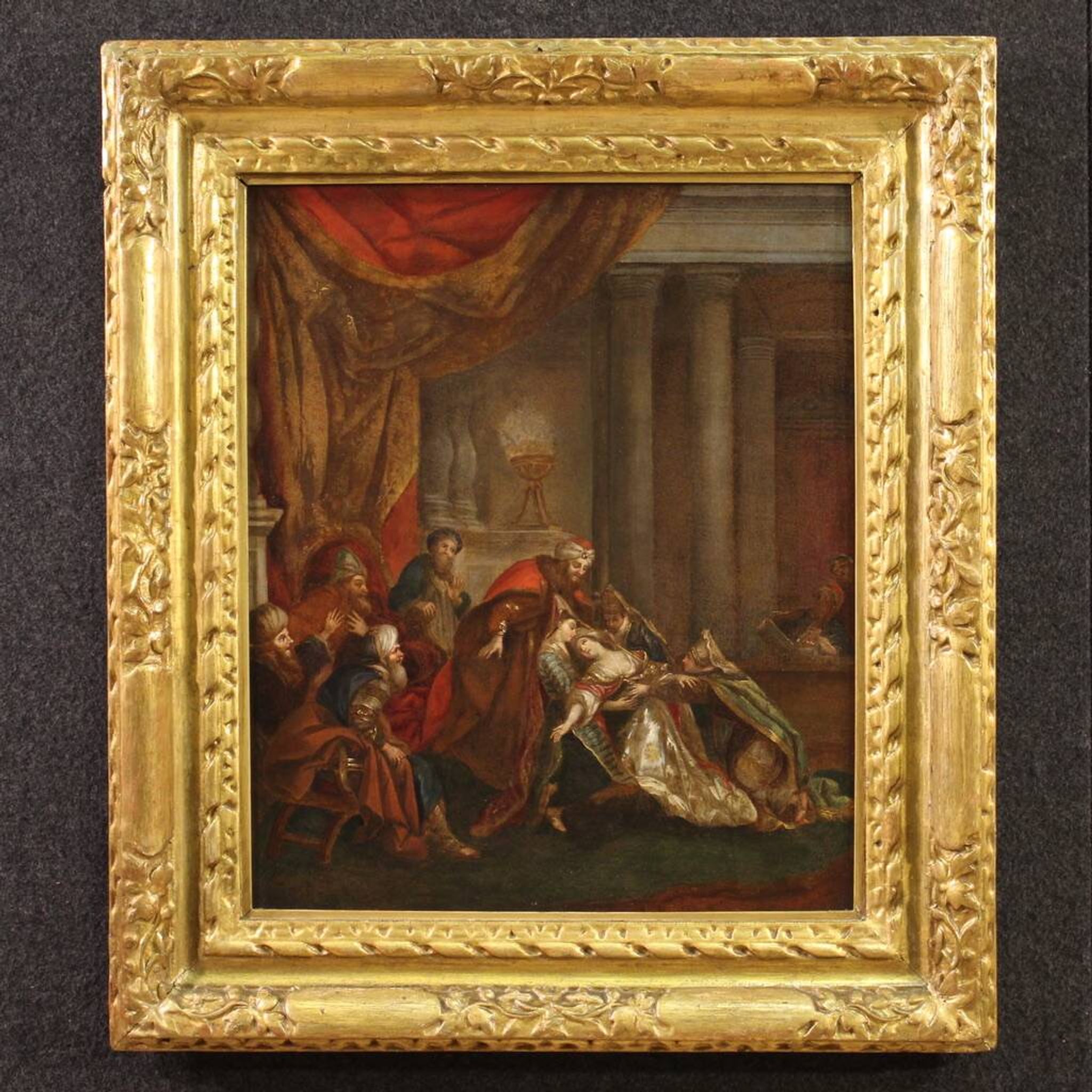 Antique painting from the 18th century, Esther fainting before Ahasuerus