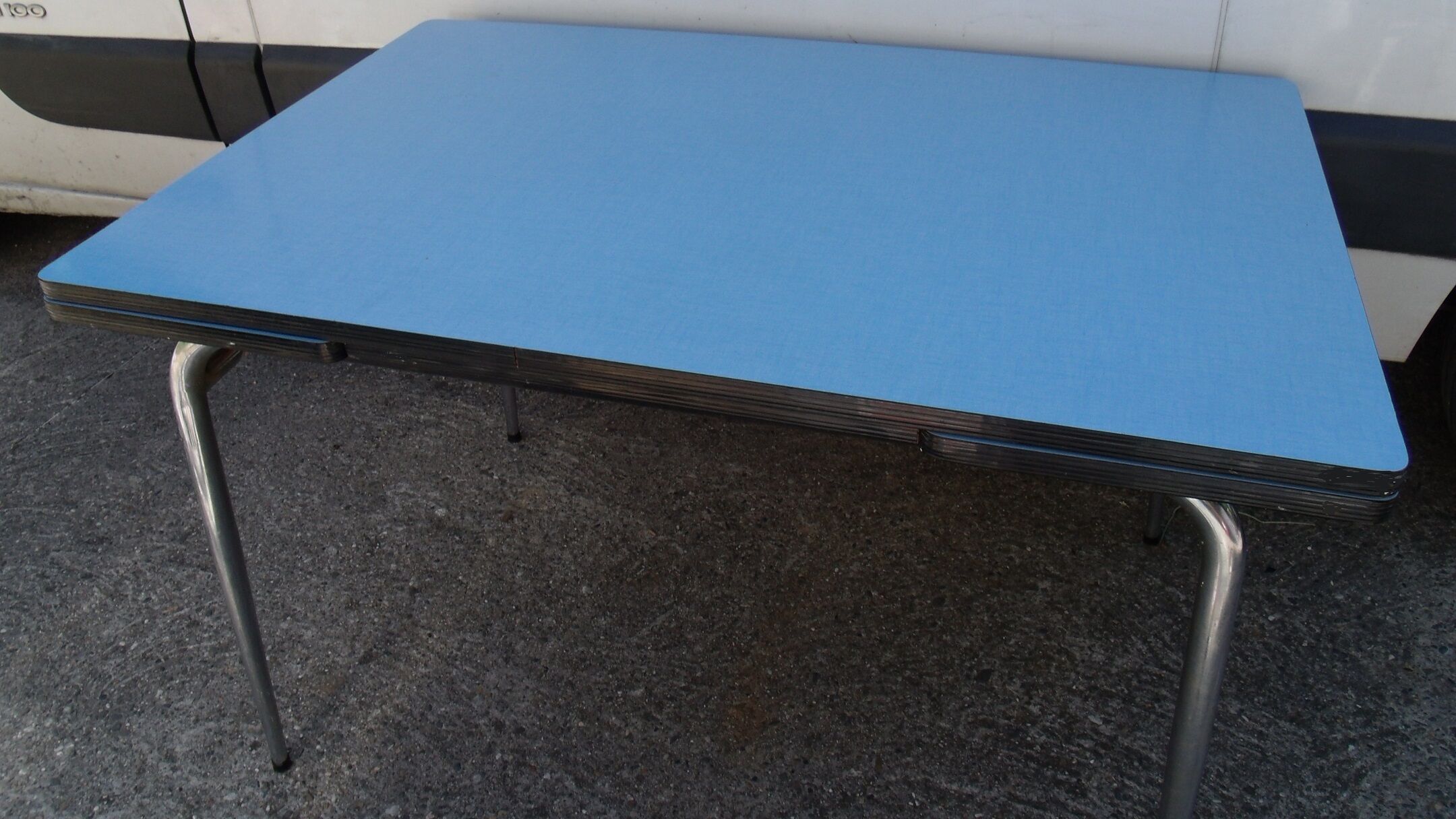 Blue formica table with extension with drawer