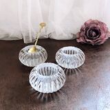 Trio of salt shakers, pepper shakers, molded glass salt shakers