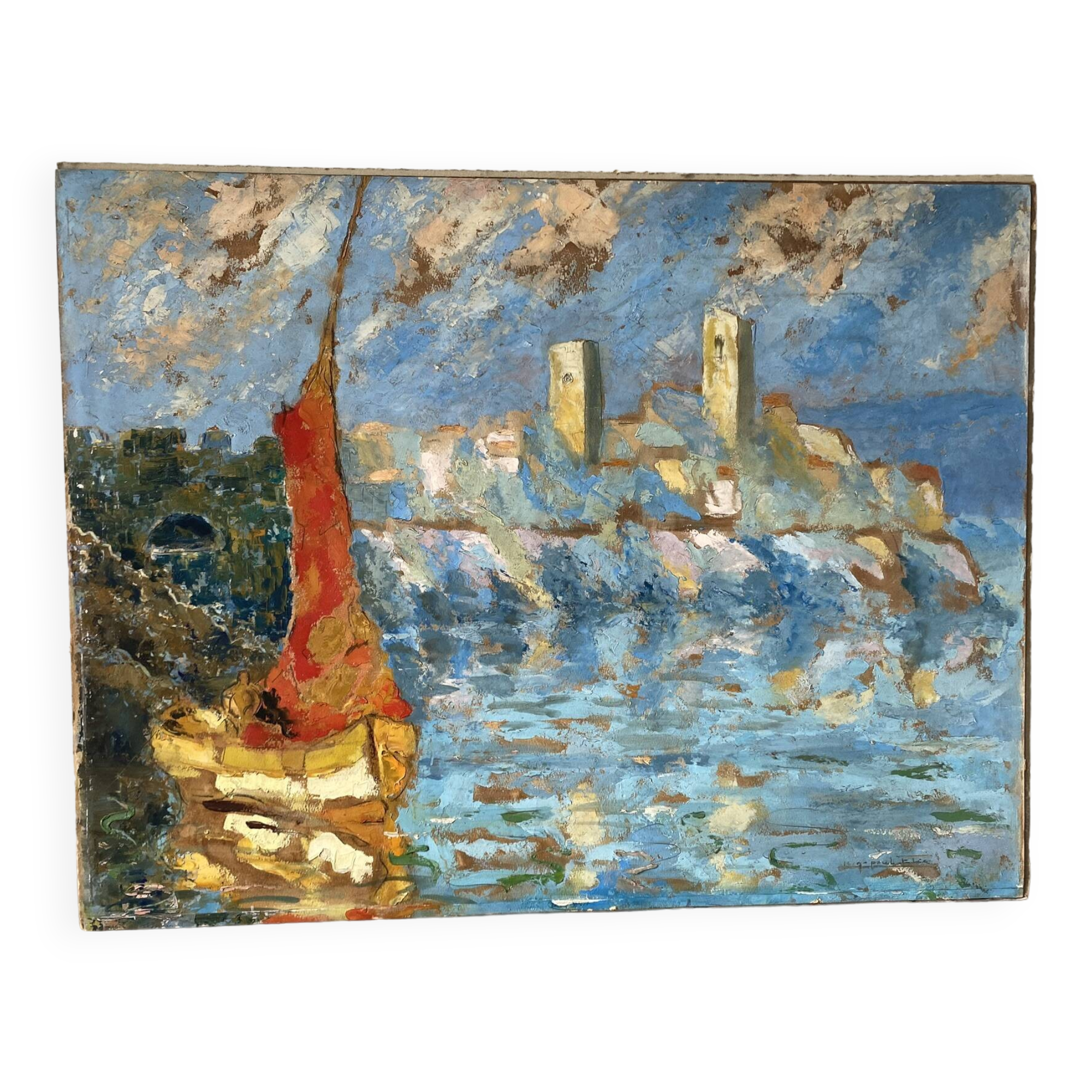 Signed sailboat landscape