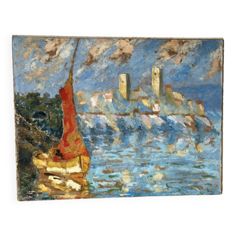 Paysage de voilier signé